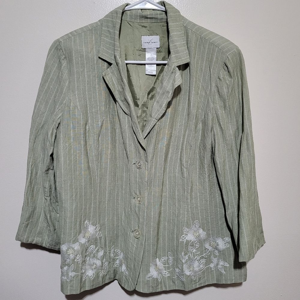 Emma James Linen Blend Green Striped Blazer Size 14 With Accents
